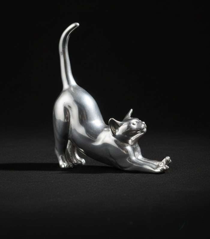 Brillante figura de gato en color plateado, escultura moderna de diseño elegante y sofisticado.