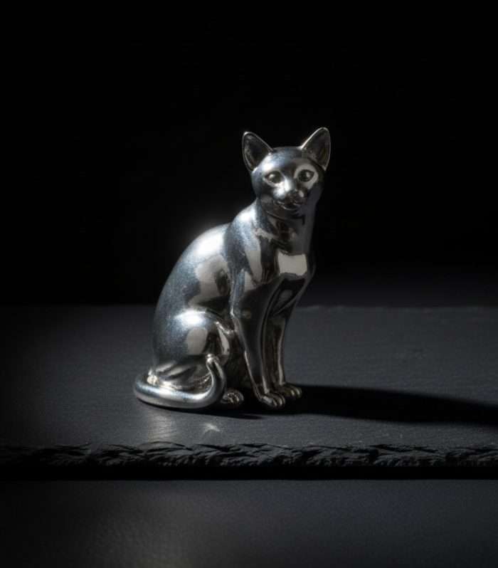 Dije de lujo "Ninja de Terciopelo" en Plata 925 de HUEHUE, mostrando la figura de un gato elegante y sigiloso en pose de vigilancia.