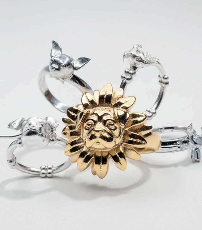 Anillos esculpidos por encargo "El Guardián de Mi Mano" de HUEHUE, mostrando el rostro 3D de un perro esculpido a mano en la parte superior del anillo.
