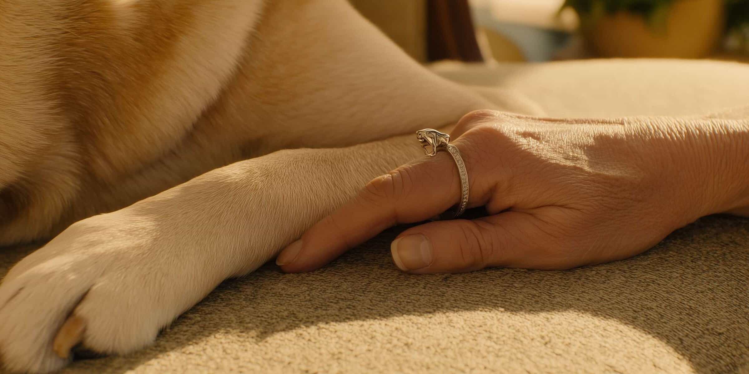 Amor y amistad entre humanos y perros, mostrando una mano humana con anillo junto a la pata de un perro.